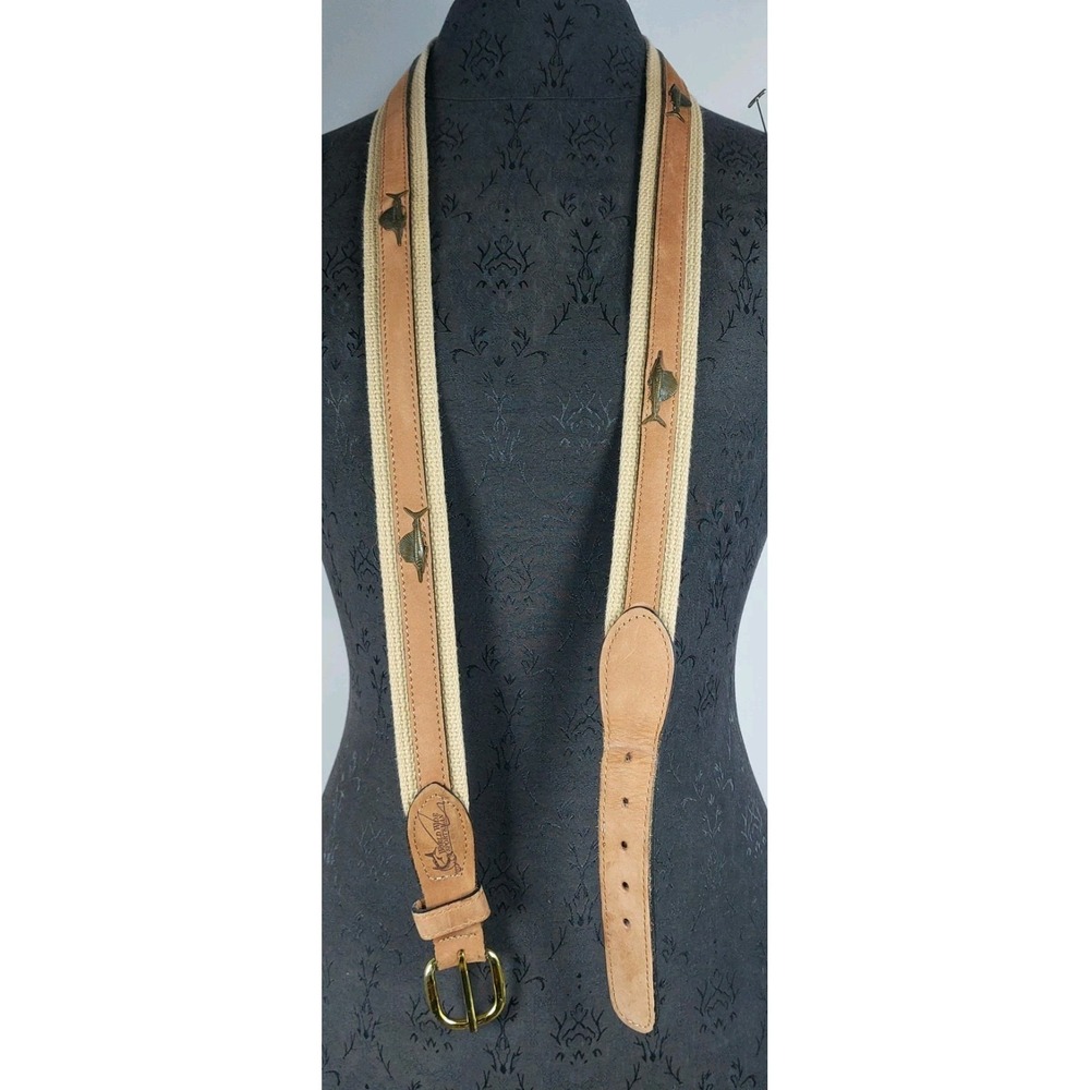 World Wide Sportsman Buck‎ Leather Belt Sz 46 Bronze Fish Medallion Brass Buckle